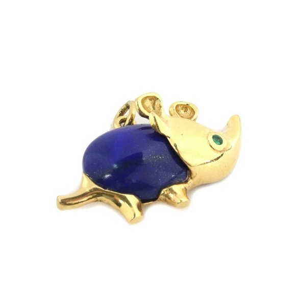 Vintage Lapis & Emerald 18k Yellow Gold Rhino Pin - Picture 5 of 6